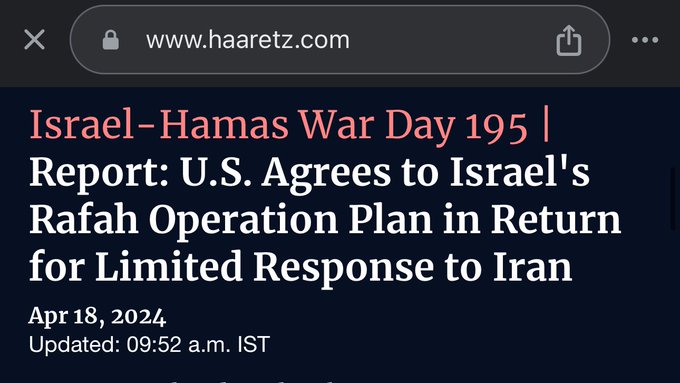 - Biden wasn't going to support Rafah invasion - Netanyahu tries to start World War III - Biden agrees to support Rafah invasion to stop World War III - But we're still pretending Iran was the aggressor