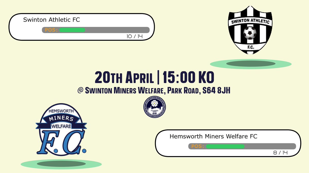 We face @swintonath as we approach the backend of the season! Swinton have found good form recently so it will be a tough test for the lads! 🆚 Swinton Athletic FC 🏟️ Park Road, Swinton, S64 8JH ⌚️ 20/04 - KO 15:00