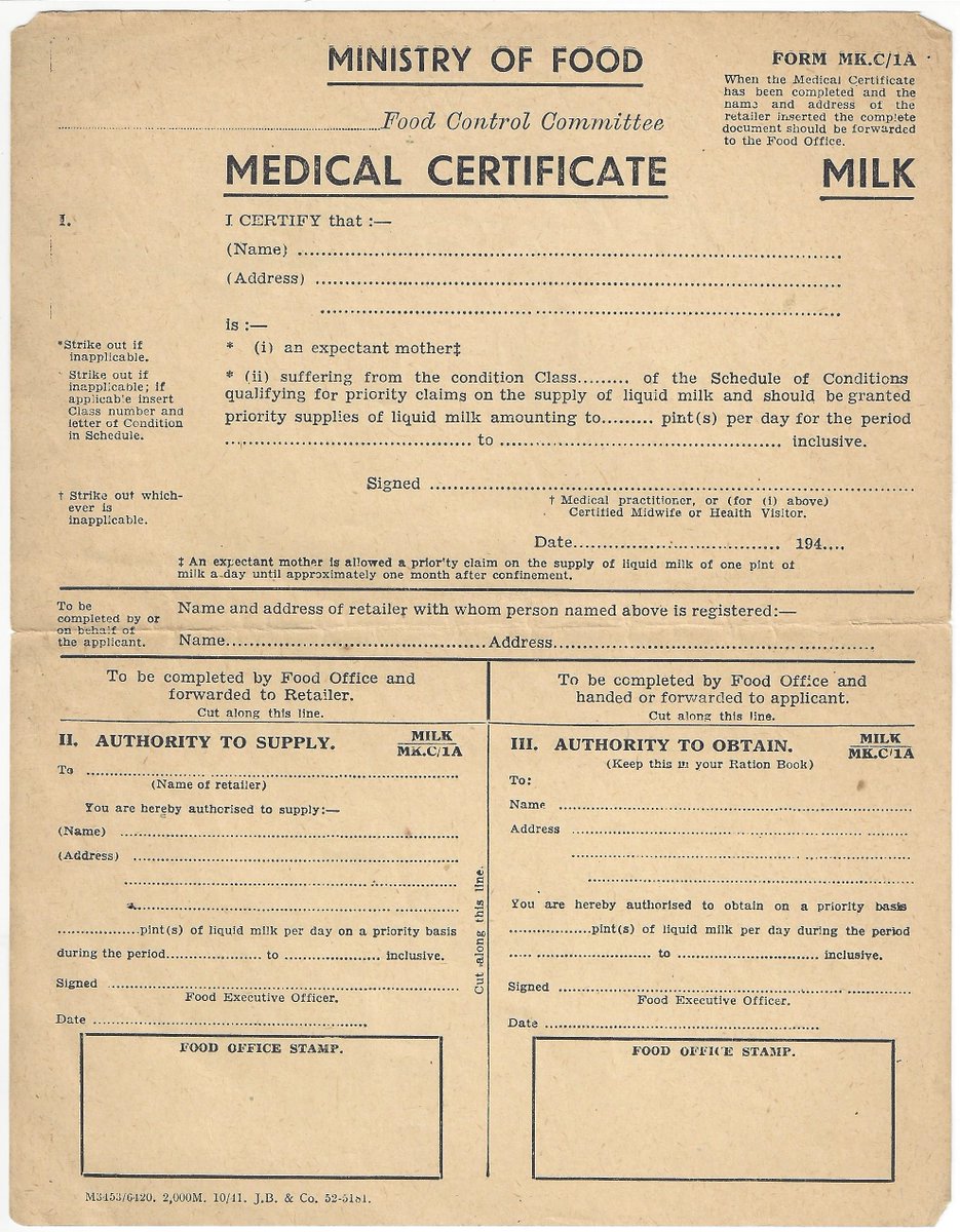 A medical certificate for extra liquid milk ration during the Second World War. Part of Mr. George Marshall's personal archive. #WW2 #SWW #histmed