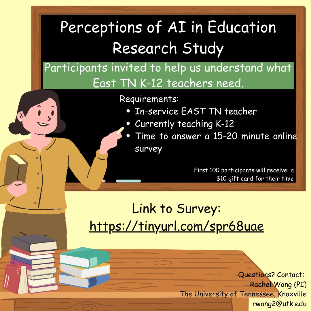 Calling all K-12 teachers! Do you currently teach K-12 in East Tennessee? If so, you can participate in a research study about #AI! Follow this link to begin the survey: tinyurl.com/spr68uae