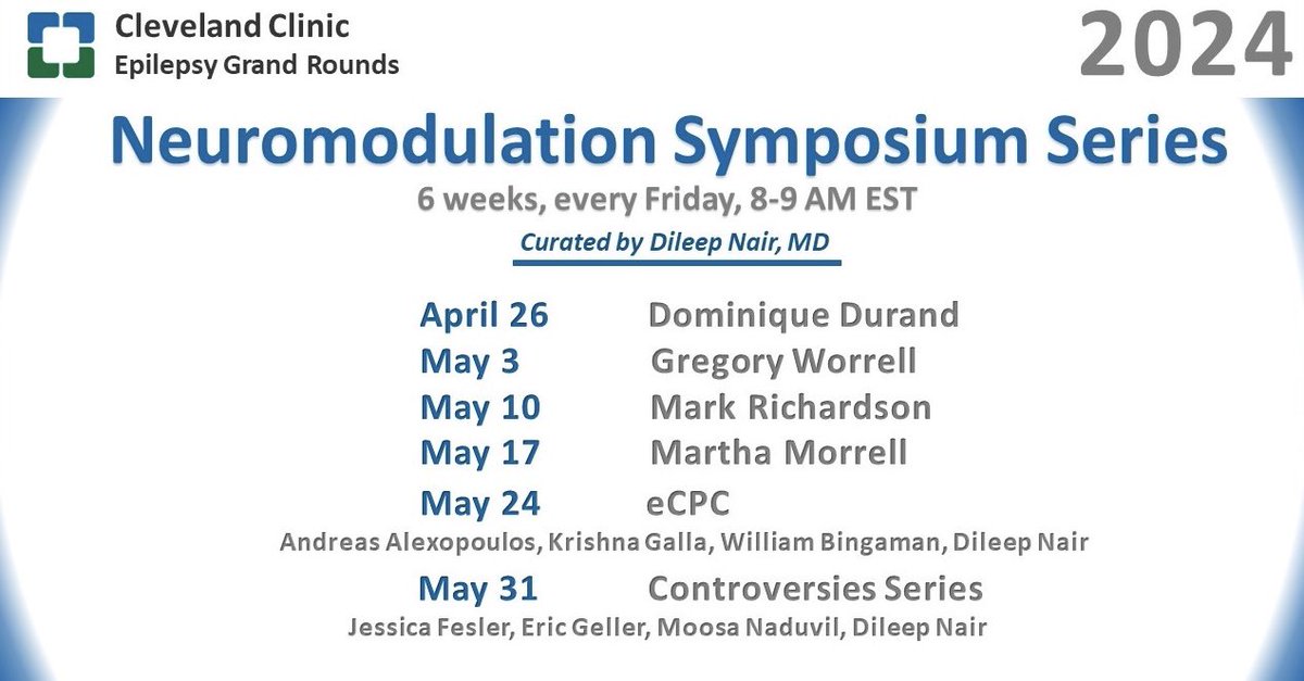 Mark your calendar for our neuromodulation grand rounds symposium series, curated by @DileepNairMD! Every Friday for 6 weeks, a fabulous lineup of speakers and panel discussions. Link: cmrccf.webex.com/cmrccf/j.php?M… Webinar number: 2430 813 2713   ‼️Webinar password: epilepsy