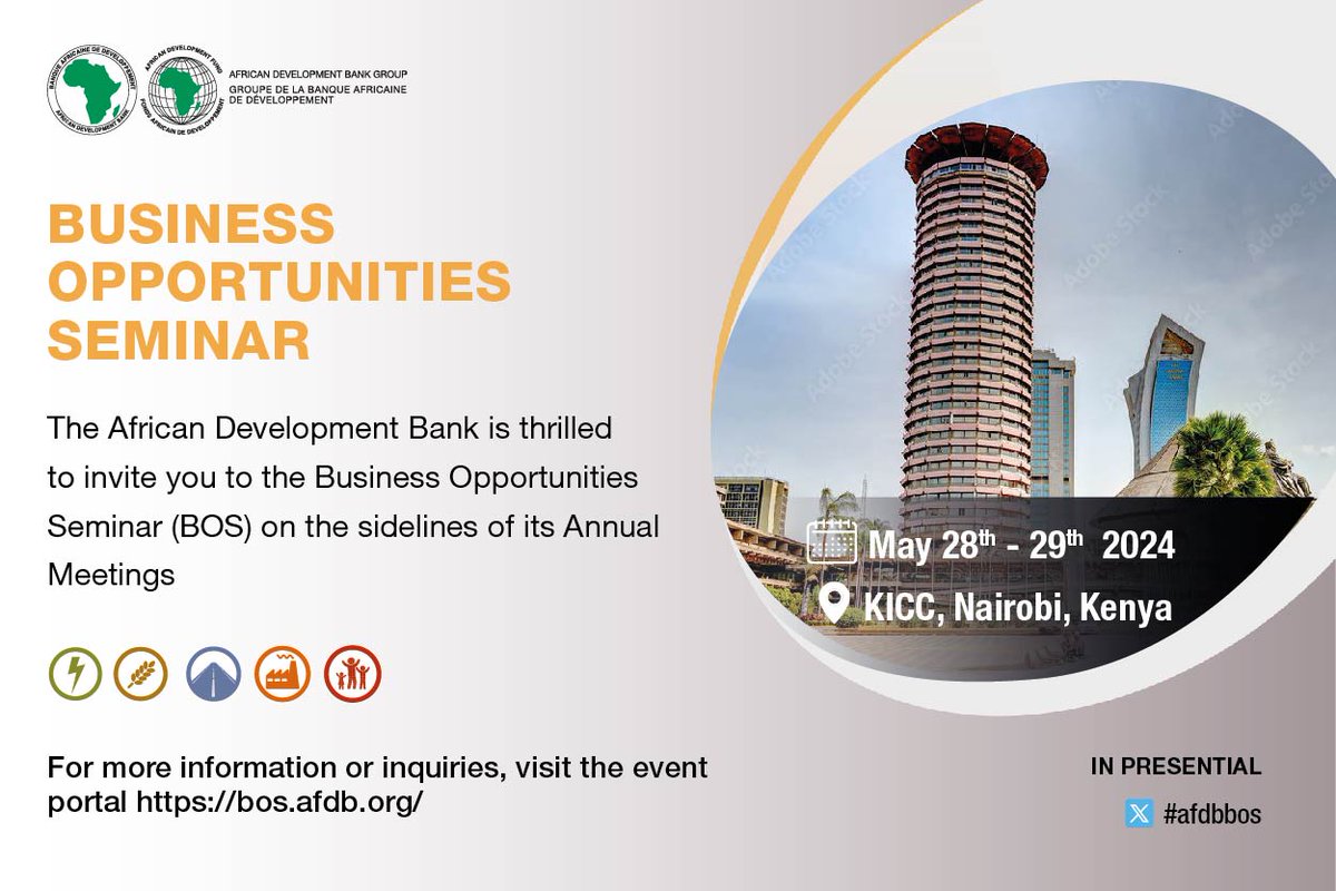 Join the @AfDB_Group’s in-person Business Opportunities Seminar on the sidelines of the Bank’s Annual Meetings in Nairobi, #Kenya to learn about partnership opportunities and providing goods and services to the institution. More info: bit.ly/3xxTSsc #AfDBBOS