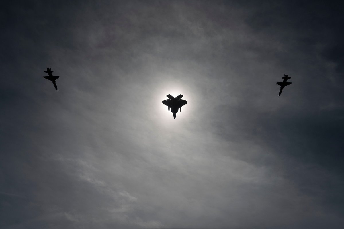 This week's Top Shot comes from Tech. Sgt. Matthew Coleman-Foster! Two T-38A Talons and an F-22A Raptor conduct flying operations during the total solar eclipse in Ohio, April 8, 2024. The squadrons were conducting dissimilar formation training in unfamiliar airspace.