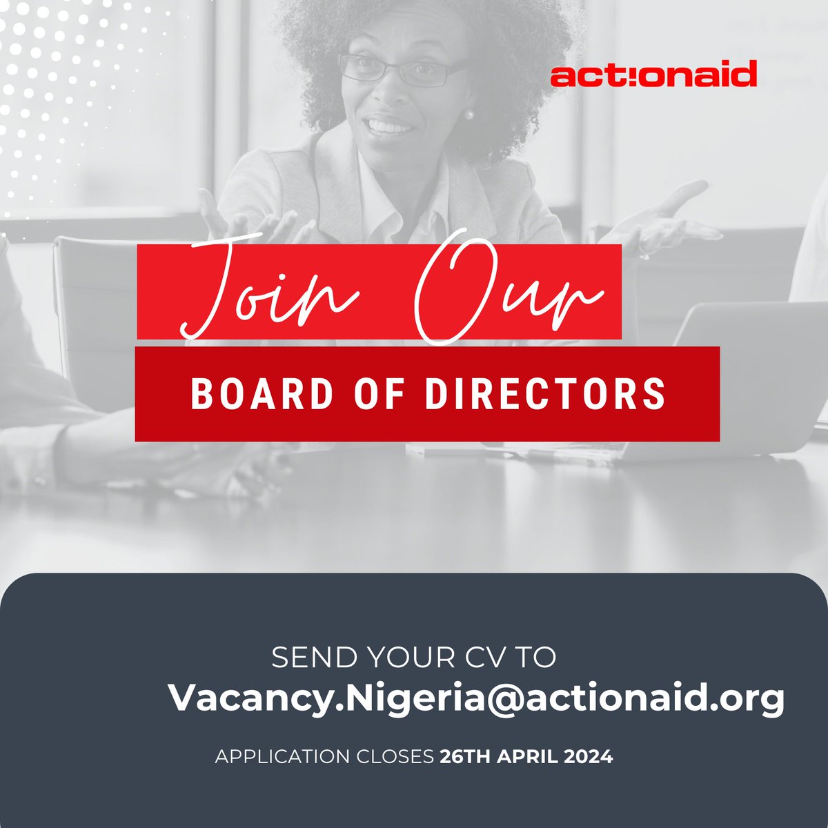 ActionAid Nigeria is seeking passionate individuals to join our Board of Directors. Apply now to be a part of our mission to achieve social justice, gender equality and poverty eradication. Click Here - nigeria.actionaid.org/jobs/2024/recr…