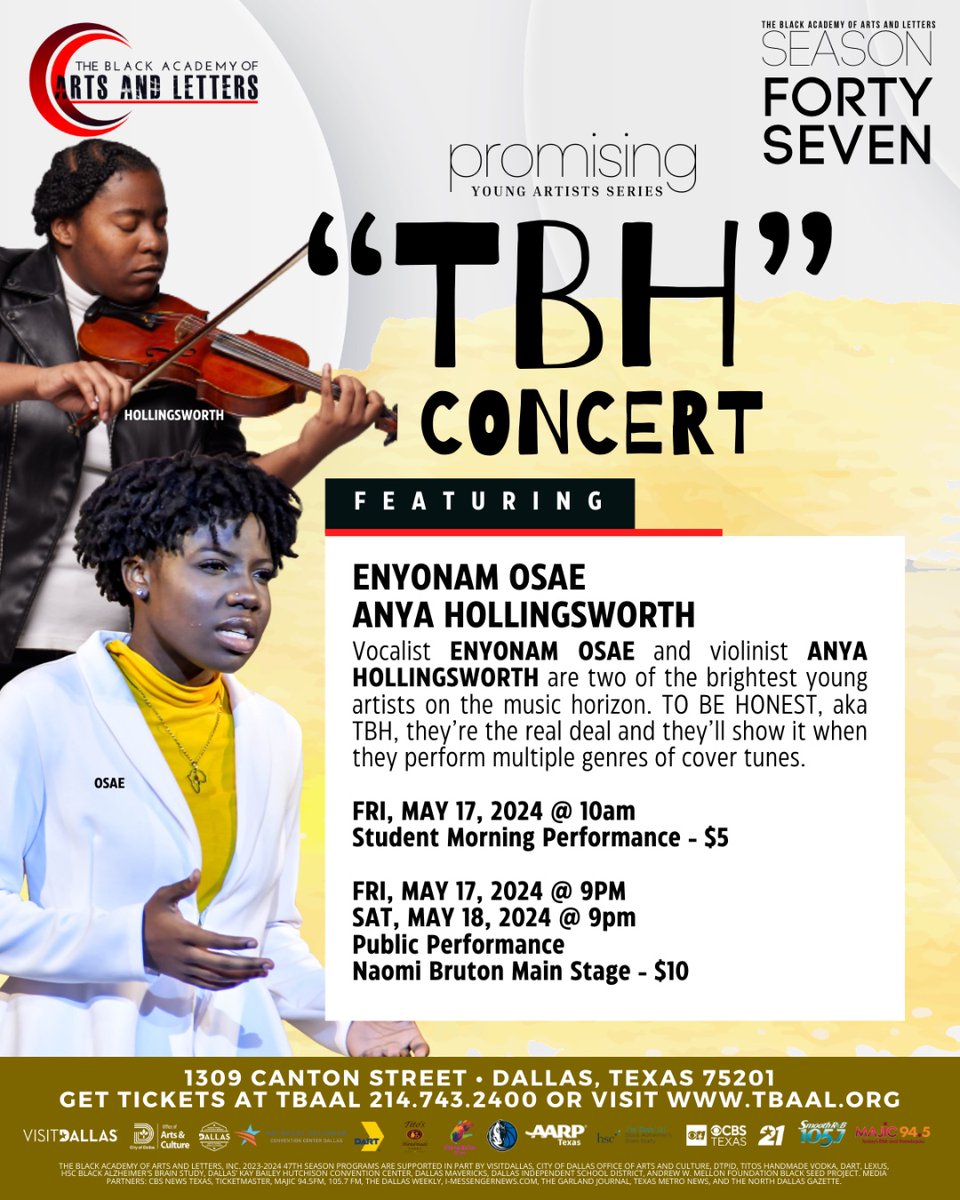 📢TBH you need to be at this concert! Support Vocalist Enyonam Osae and Violinist Anya Hollingsworth on their Season 47 debut! SHOWTIMES: May 17 & 18 | 9 p.m. TICKETS & INFO: 214.743.2400 | tbaal.org or ticketmaster.com