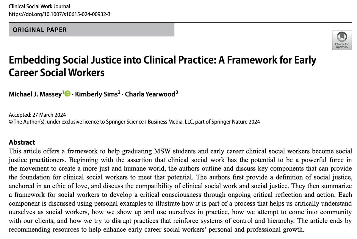 New article w/ @ksims76 & Charla Yearwood. We offer a framework for clinical social work--anchored in an ethic of love--that is oriented towards social justice and liberation. We hope it inspires action and conversation. rdcu.be/dEYgr #socialwork #socialjustice