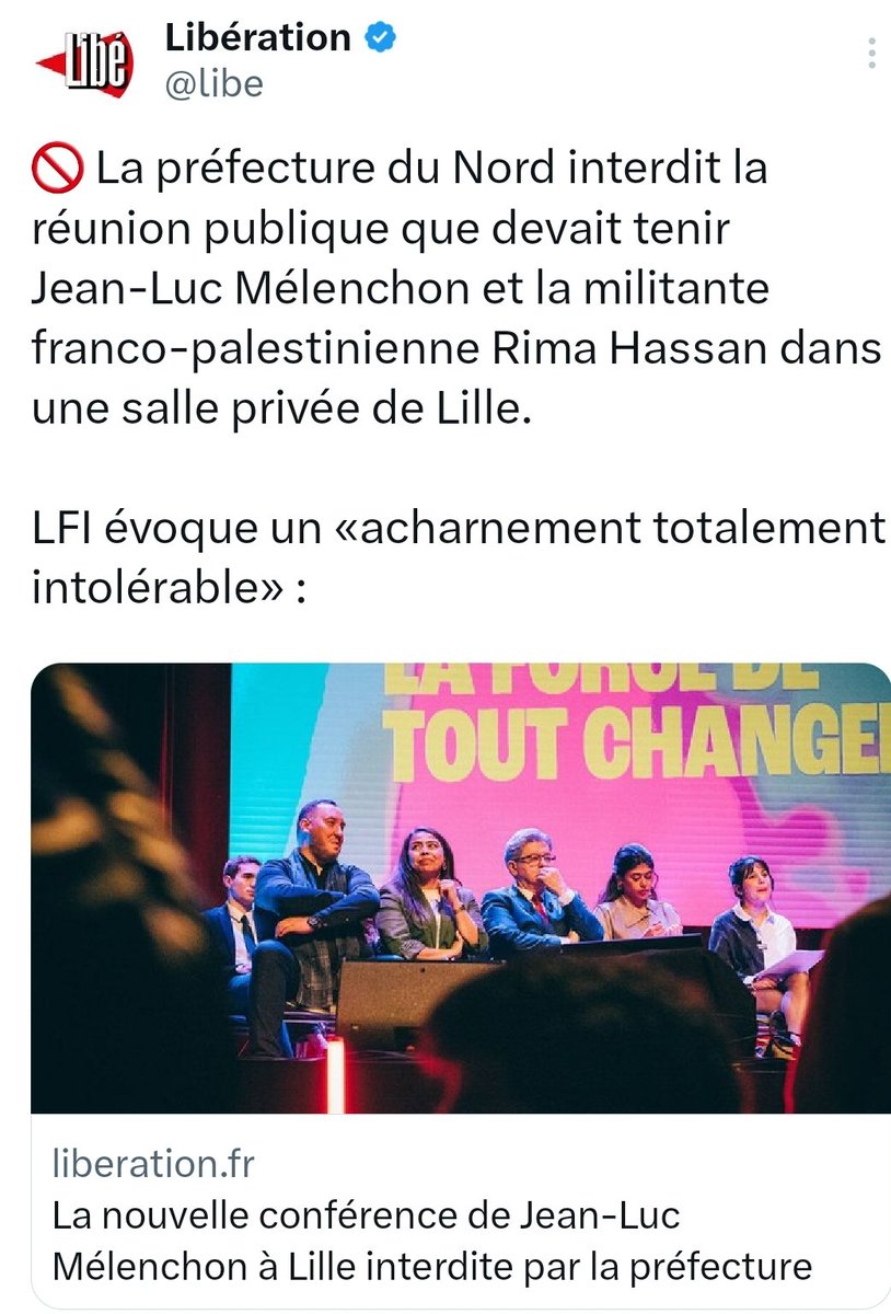 C'est quoi l'excuse cette fois-ci @prefet59 pour annuler la réunion sur la Palestine ? 

Il n'y a pas de logo, juste la voix d'opposition qui ne cesse d'appeler depuis le debut a la Paix et au #cessezlefeuGaza.

Etre prêt à tolérer cette interdiction c'est être mûr pour le pire.