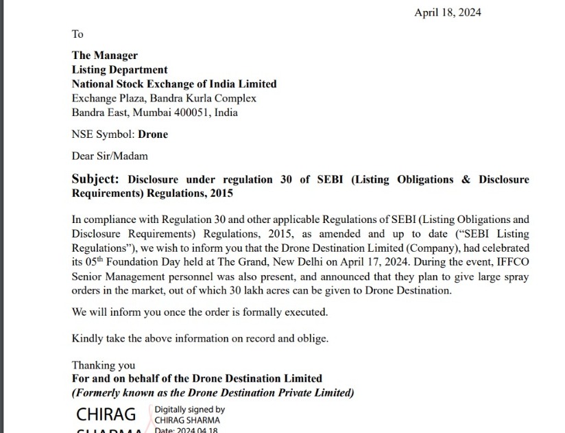 DRONE DESTINATION - Soaring Higher
1️⃣Co has officially confirmed about 30 lakh Acre order from IFFCO for fertilizer spray. Worth approx 200 Cr
➡️IFFCO has also announced plan to give very large spray orders. We estimate spray mkt size of 9 Cr acres
➡️Spray biz will be repititive…