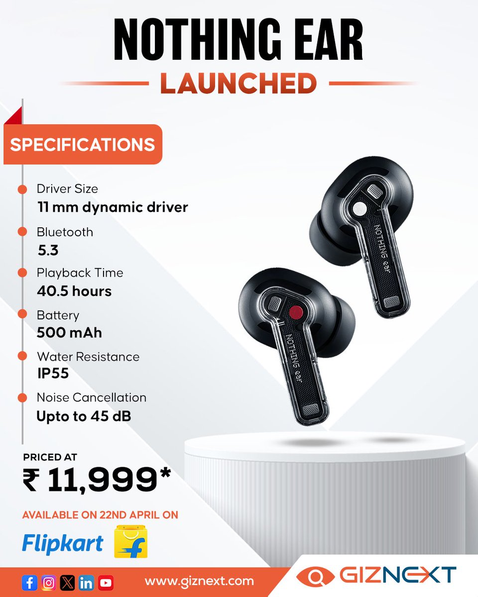 Nothing, proudly presents 'EAR' wireless earbuds, featuring seamless integration with ChatGPT, priced at ₹11,999. 🎶

Available from 22nd April on Flipkart 🛒

🌈Available in Two Colors
🔗Dual Connection
🤏Pinch Controls
💡LED Charging Status
👂In-ear Detection
🚀Google Fast