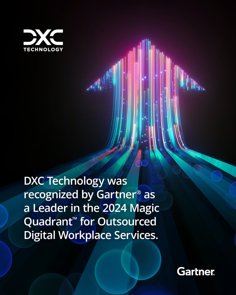 DXCTechnology's tweet photo. We are proud that Gartner has recognized DXC Technology as a Leader in the 2024 Magic Quadrant™ for Outsourced Digital Workplace Services for another consecutive year. 

Read the report to learn more: https://t.co/avP5qGlbvg

#MagicQuadrant #Gartner #ModernWorkplace https://t.co/7kl20KtSuN