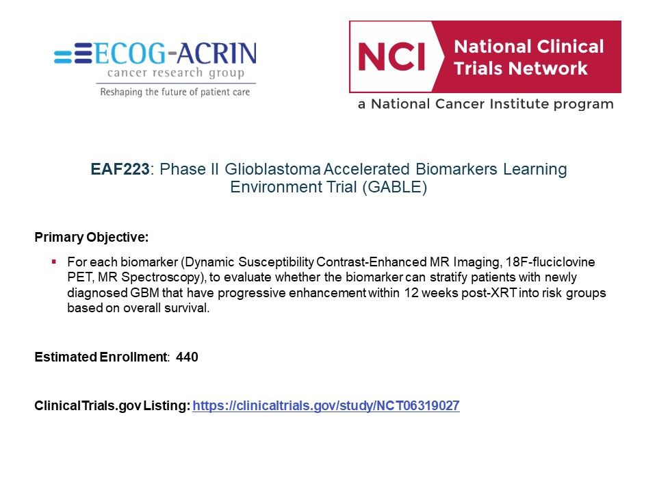 Newly Activated #NCTN #BrainCancer #Glioblastoma Trial: (EAF223) Phase II Glioblastoma Accelerated Biomarkers Learning Environment Trial (#GABLE), led by @eaonc Learn more: buff.ly/3JpebuQ