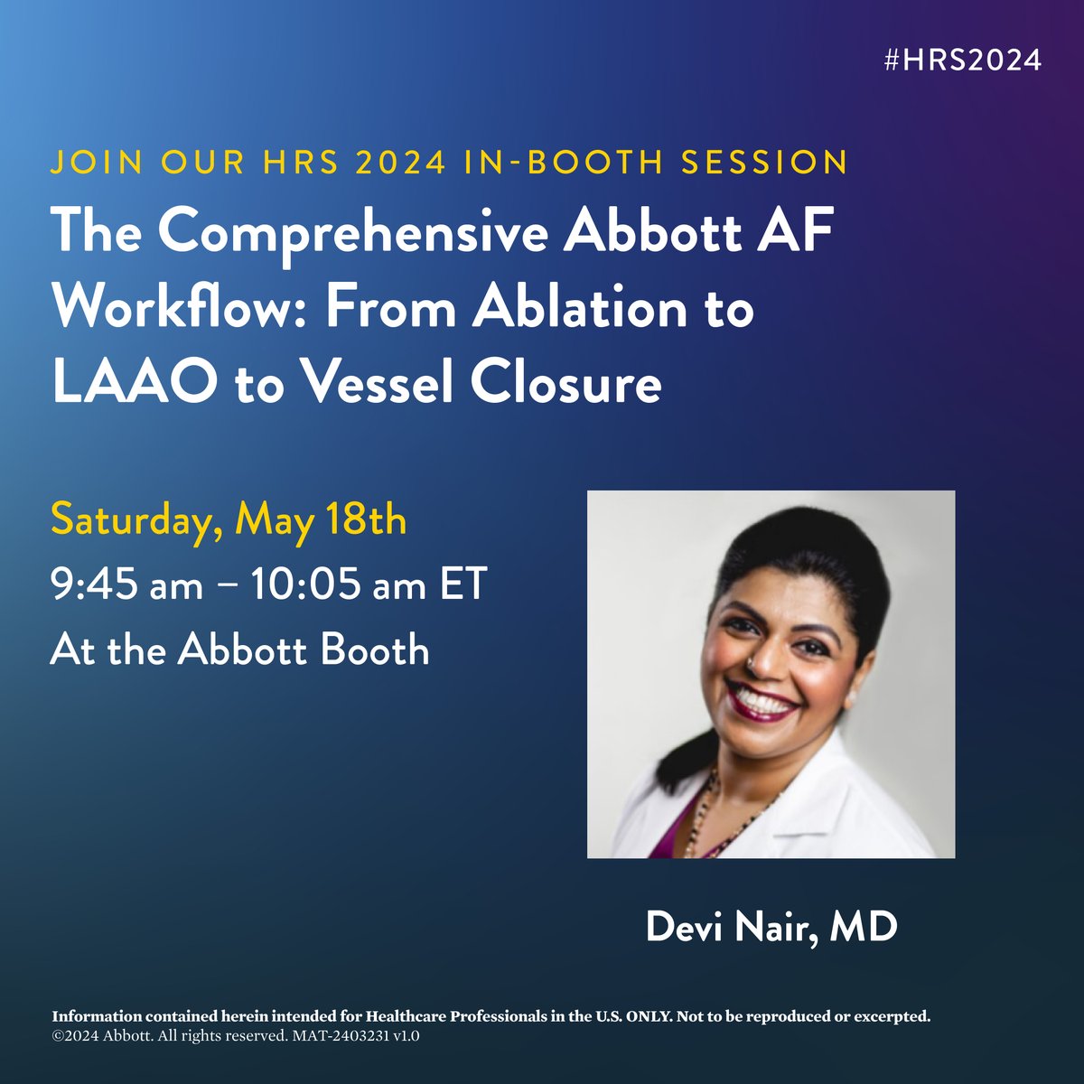 AbbottCardio's tweet image. Planning for #HRS2024?

Join @Drdevignair to see how our #Perclose ProStyle Suture-Mediated Closure and Repair System fits seamlessly into our comprehensive #AFib workflow to enable an enhanced patient experience: bit.ly/3J0TlBJ 

Safety Info: bit.ly/3qGdxzE
