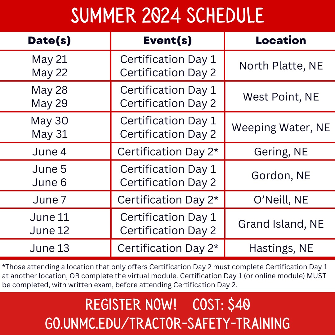 REGISTER NOW! 2024 Tractor &amp; Equipment Safety Trainings are scheduled across the state. Visit go.unmc.edu/tractor-safety… to learn more! No Day 1 at your location? You can attend it at another location, or choose the online option! #FarmSafety #TractorSafety #NebExt <a href="/UNLExtension/">Nebraska Extension</a>