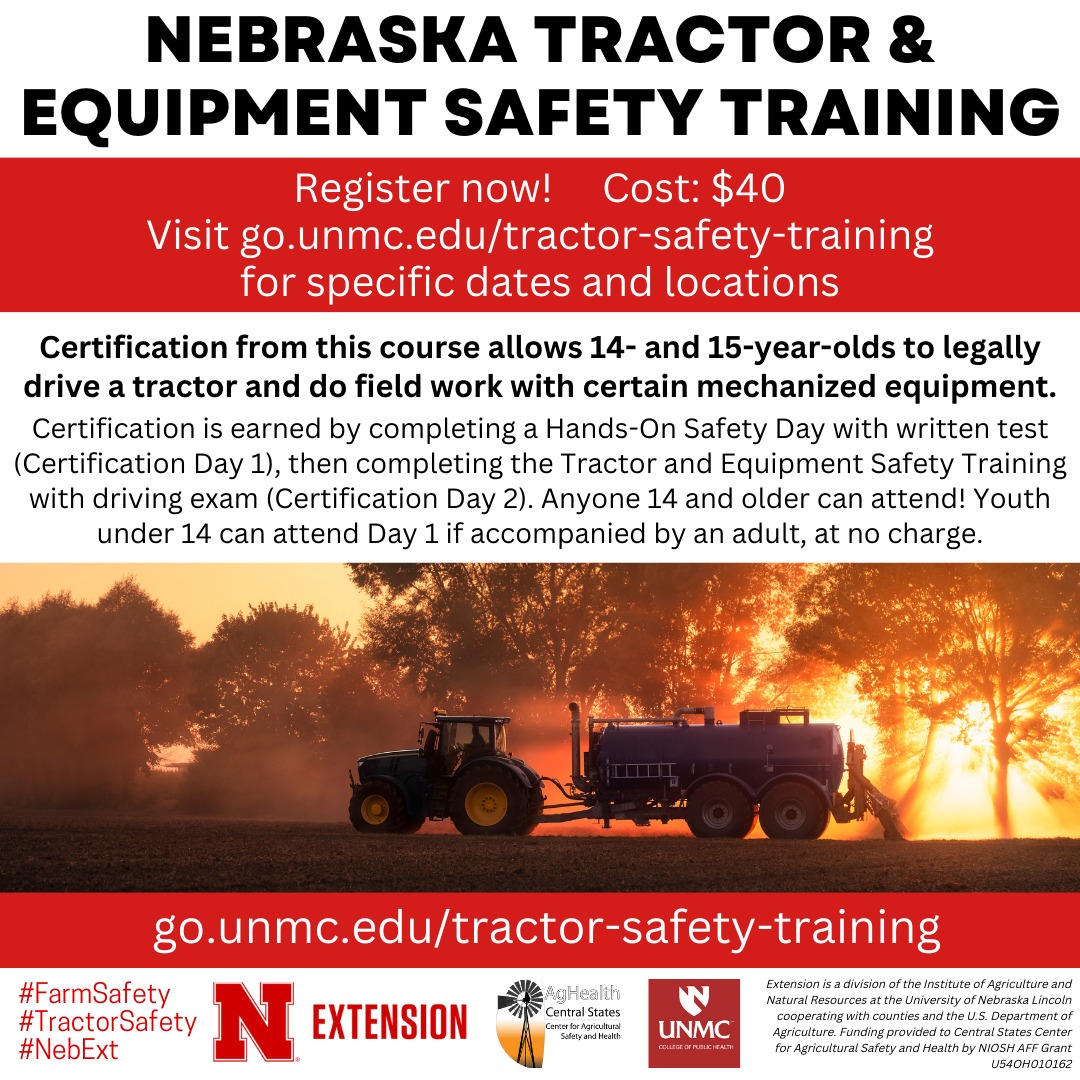 unmccscash's tweet photo. REGISTER NOW! 2024 Tractor &amp; Equipment Safety Trainings are scheduled across the state. Visit https://t.co/Ka3gqj2xi5 to learn more! No Day 1 at your location? You can attend it at another location, or choose the online option! #FarmSafety #TractorSafety #NebExt @UNLExtension https://t.co/ctBsDJezzT