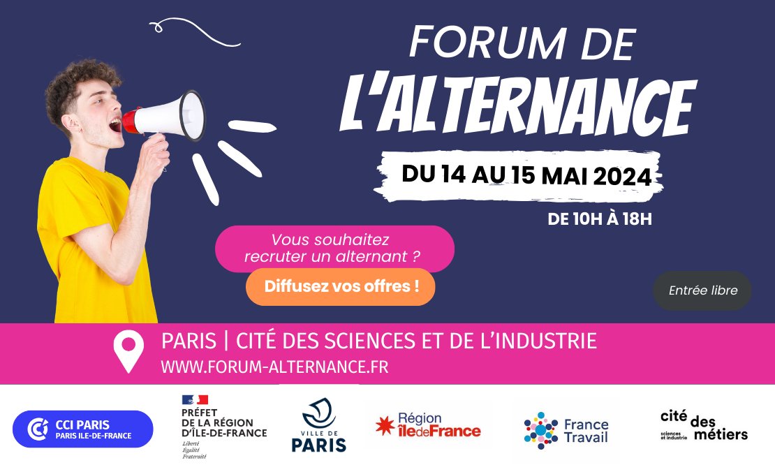 🚩 [FORUM] Entrepreneurs ou commerçants, vous souhaitez recruter un alternant ? 👌 Confiez-nous vos offres de contrat d'alternance ! 📆 Les 14 & 15 mai 2024 📍 Cité des sciences et de l'industrie Déposez vos offres 👉 cciparisidf.fr/s1dw4ax #ForumAlternance