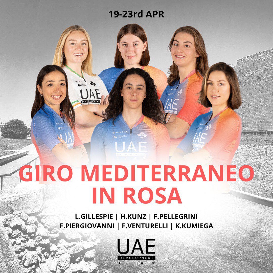 LINE UP 🇦🇪 UAE Development Team x Giro Mediterraneo in Rosa

🇮🇪 GILLESPIE Lara
🇩🇪 KUNZ Hannah
🇮🇹 PELLEGRINI Francesca
🇮🇹 PIERGIOVANNI Federica
🇮🇹 VENTURELLI Federica 

and from @UAETeamADQ 

🇵🇱 KUMIĘGA Karolina 

#Believe #WeAreUAE #WeRideToInspire  #UAEDevoTeam