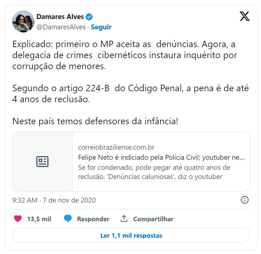 Em 2020 fui indiciado de maneira nojenta pelo delegado Pablo Sartori por 'CORRUPÇÃO DE MENORES'. A ministra Damares Alves celebrou, indicando q eu tinha sido indiciado no 224-B do Código Penal: 'estupro de pessoa com deficiência intelectual'. O post nunca foi derrubado.