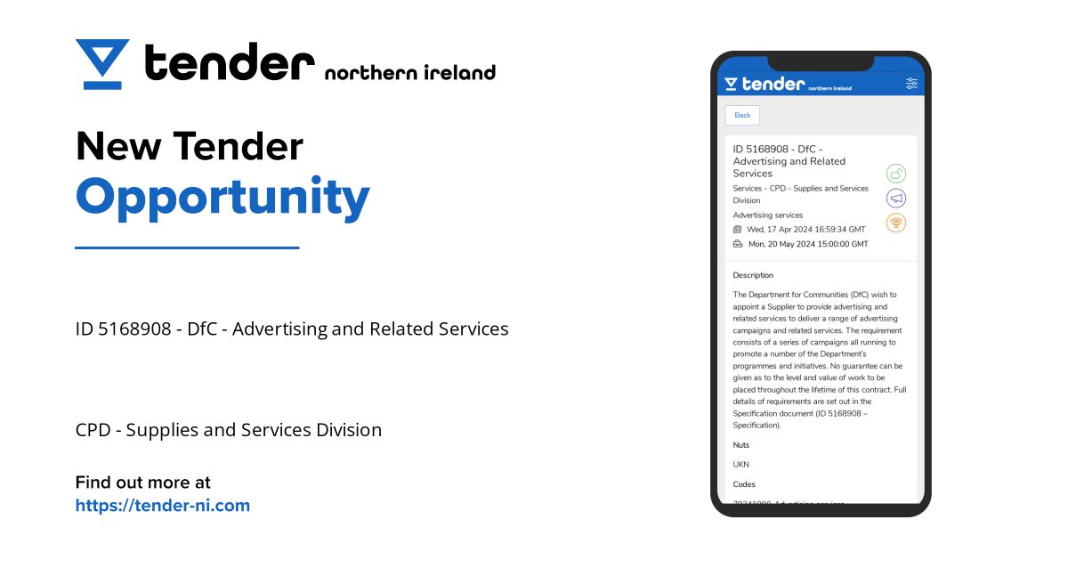 tendernicom's tweet photo. CPD - Supplies and Services Division has a New Tender Opportunity in #NorthernIreland. Find out more at https://t.co/xkm18jbvct https://t.co/K9R0ksFvE1