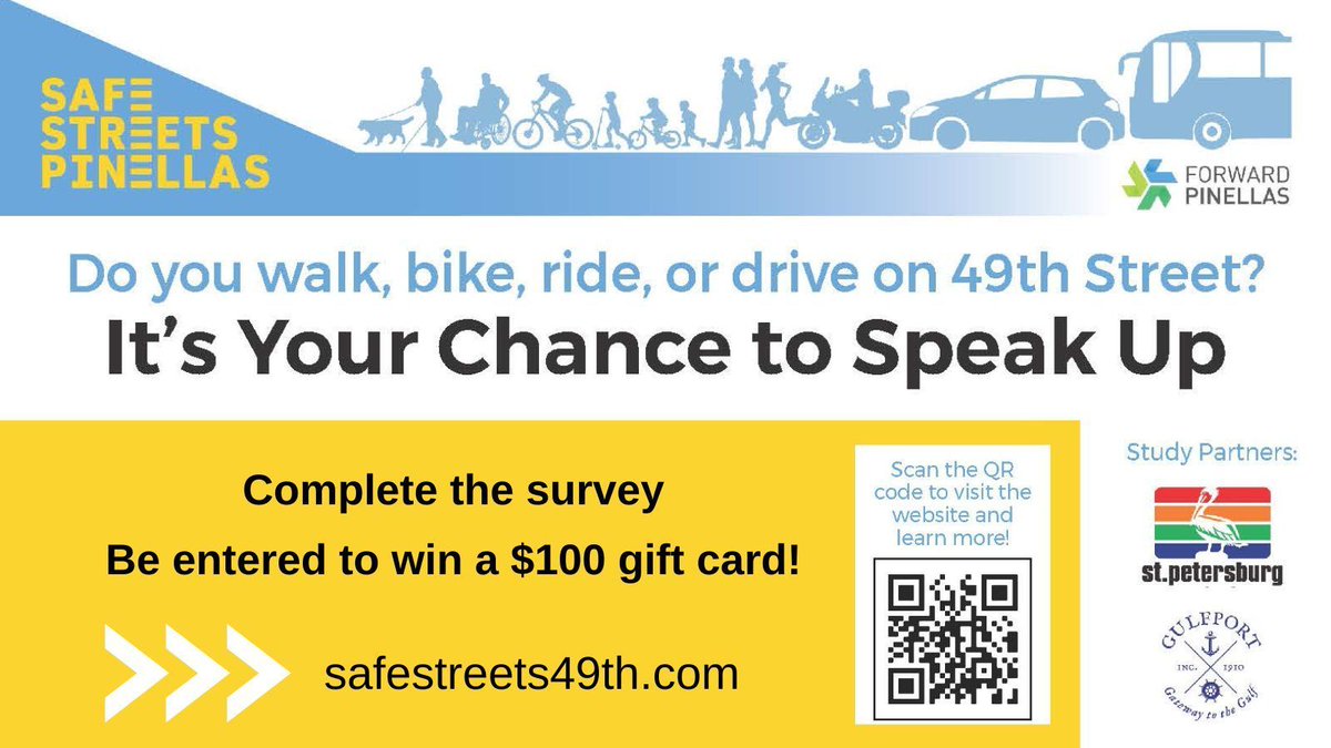 Final days to take the survey and be entered win a $100 gift card! Survey closes April 22nd. Go to: buff.ly/3vU00uj Help us make 49th Street safe for all. #safestreets #SS4A @StPeteFL