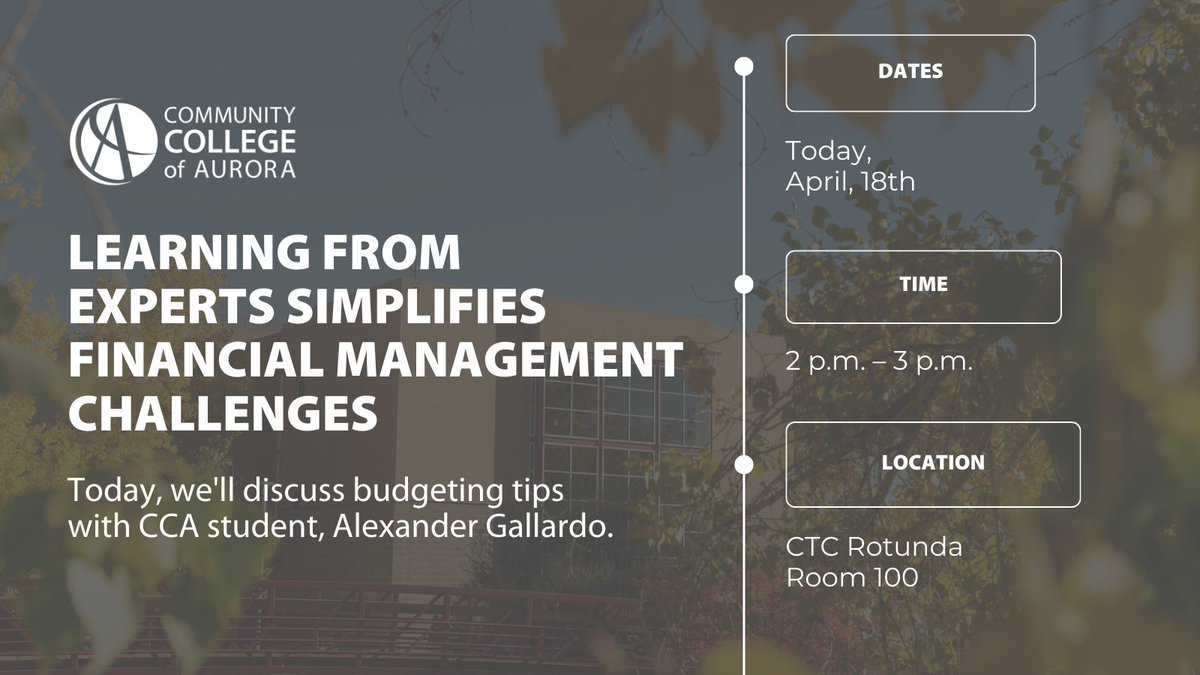 Financial management comes with challenges, but learning from experts makes it easier. Today, we're sharing valuable budgeting advice and the secrets of effective budgeting alongside our guest and CCA student, Alexander Gallardo. ⏰ 2 p.m. to 3 p.m. 📆 CTC Rotunda Room 100