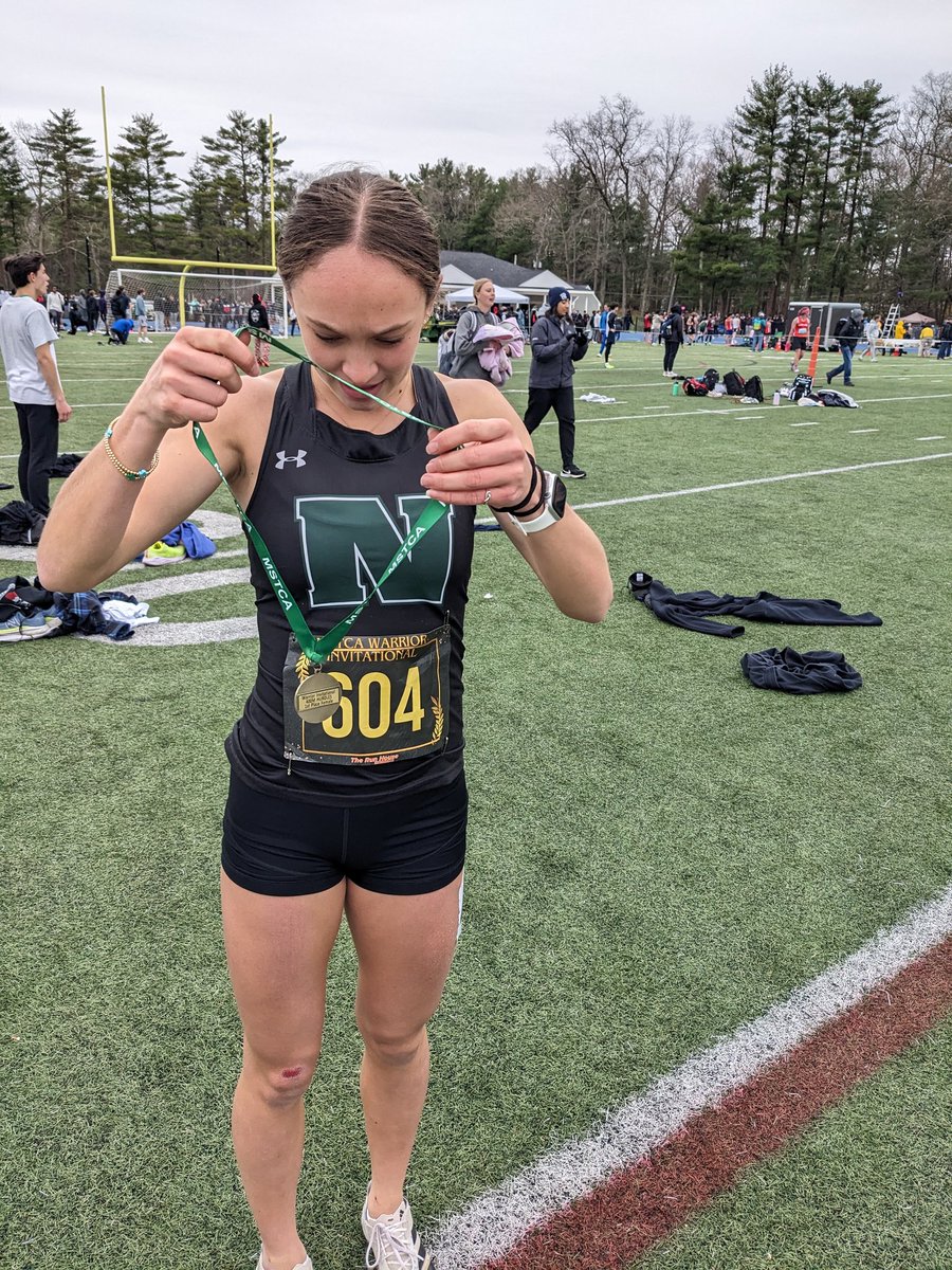 Riley takes the @MSTCA1 Warrior Invite title in the 400 meter hurdles. She wasn't as confused with the medal as my pictures suggest.