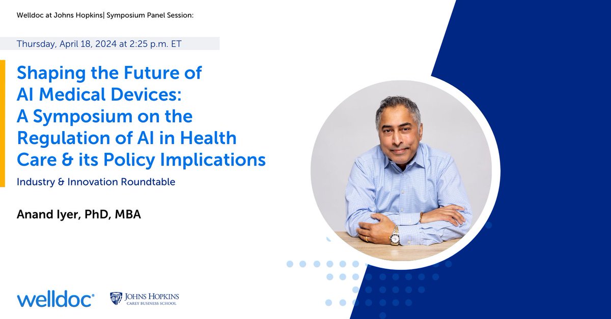 Welldoc's tweet photo. Don't miss Welldoc's Chief AI Officer, Anand Iyer, PhD, MBA, speak today alongside industry experts at the Shaping the Future of AI Medical Devices Symposium, co-hosted by @JHUCarey and @HopkinsMedicine.

Learn more: https://t.co/JNnif1Yxv6

#Welldoc #DigitalHealth https://t.co/MvDwcZAYIE