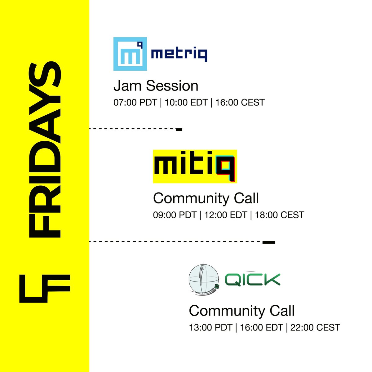 Fridays is about Metriq, Mitiq and Qick in Unitary Fund. Join us and learn more about these exciting projects at #communitycall channel in UF Discord! 🔗 Discord: buff.ly/3R0YsHf #quantum #opensource