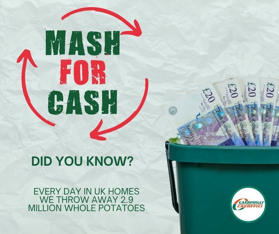 🤔 Did you know? Every day in UK homes we throw away 2.9 million whole potatoes. ♻️ Why not turn your mash into cash? Find out more: caerphilly.gov.uk/food-waste