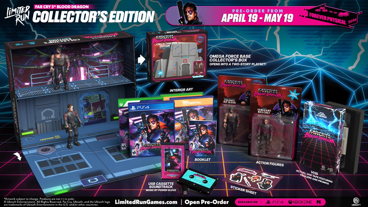Physical Editions of Far Cry 3® Blood Dragon launch 24 hours from this message, so here’s your briefing: get the LRG collection, kill the bad guys, save the world, and wishlist now at Limited Run Games. Preview the collection: bit.ly/3Jj7w50