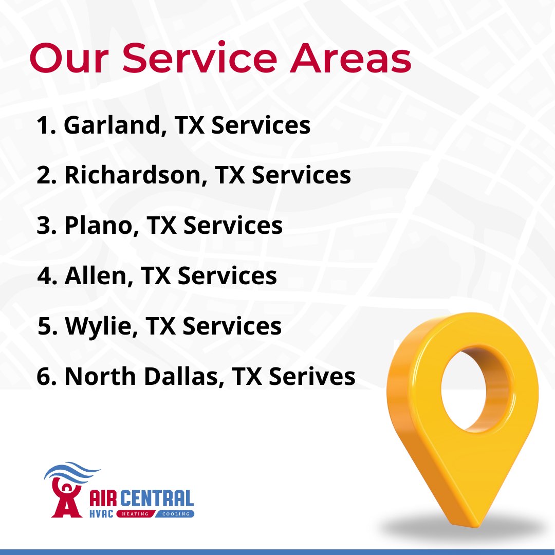 Keeping Texas comfortable, one city at a time! 

Whether you're in Garland, Richardson, Plano, Allen, Wylie, or North Dallas, our expert HVAC services are just a call away. 

Your local solution for a perfect indoor climate!

#happycustomer #aircentralhvac #garlandhvac