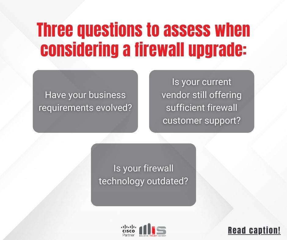 TeamMISIndy's tweet photo. If you find yourself answering "yes" to any of these questions, it's crucial to prioritize upgrading your firewall to avoid potential devastating cyberattacks. 

Reach out to Team MIS to learn how you can enhance your company's firewall with #Cisco Firewall. #TeamMIS #Security https://t.co/owsAqHRjbV