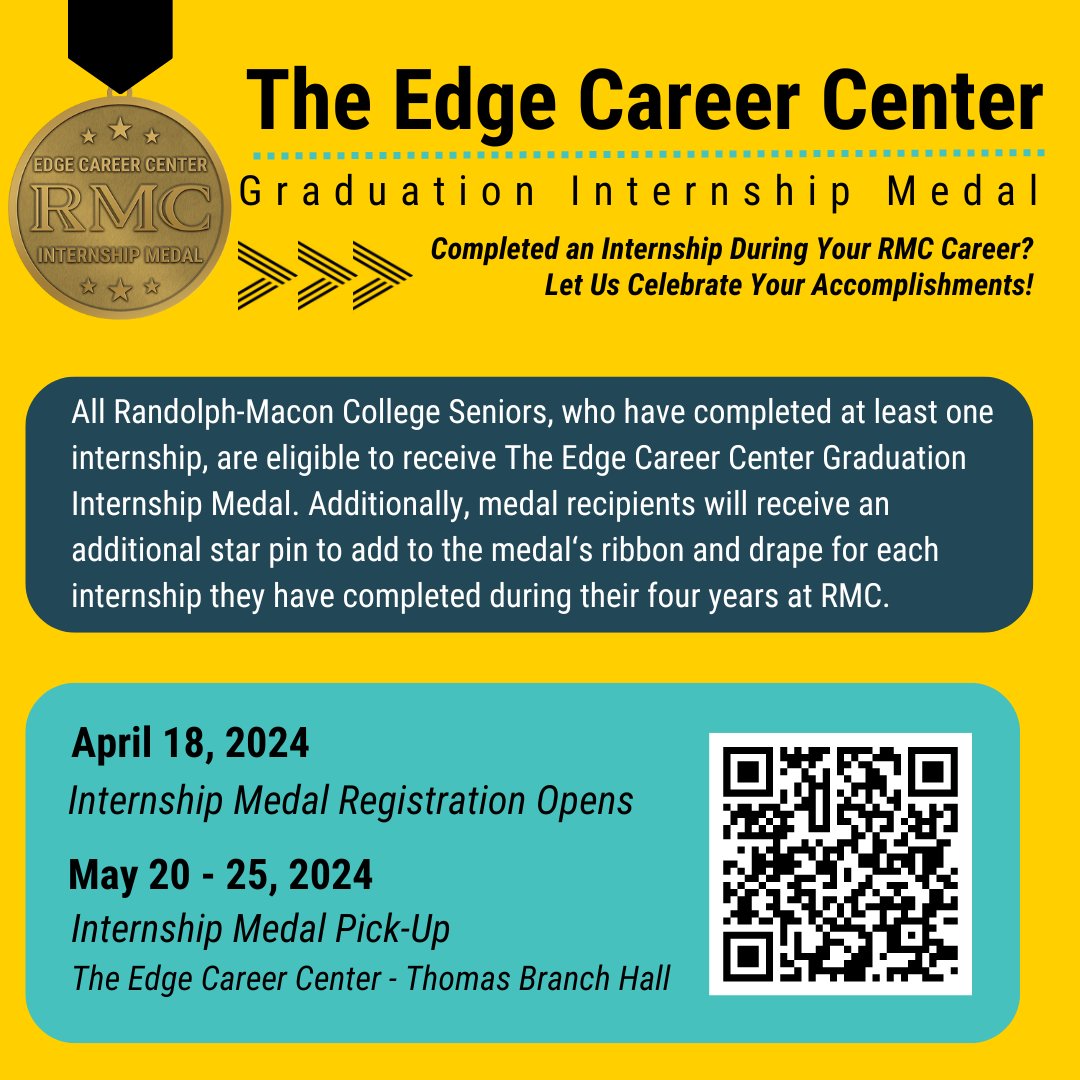 secatrmc's tweet image. Attention RMC Seniors! Exciting news: introducing the Edge Career Center Internship Medal! If you've completed at least one internship, you're eligible to receive this prestigious honor. Registration opens today on Buzz, so be sure to sign up!