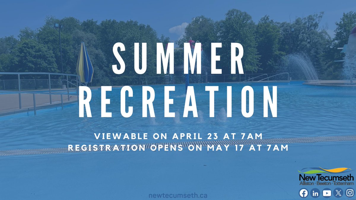 All summer recreation (including camps and swimming lessons) programming will be available to view on April 23 at 7am. All programming is available for registration on May 7 at 7am. Take a look at what New Tecumseth is offering this summer! bit.ly/3fORYIo