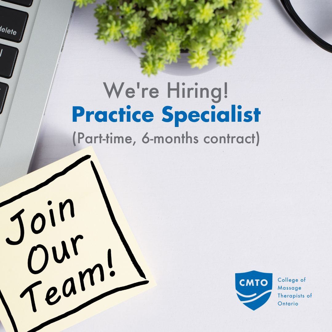Are you an experienced #RMT with a keen interest in educating, leading, and supporting others in the #MassageTherapy profession? Apply to become CMTO's Practice Specialist! See more details about the role and apply: bit.ly/441N6Ho

#TorontoJobs #RegulatoryJobs