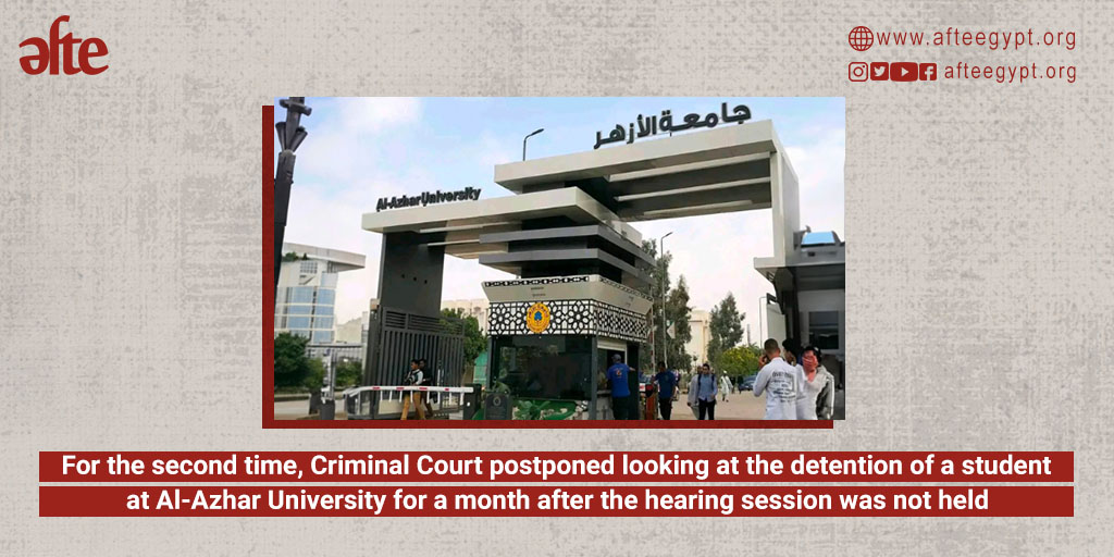 Criminal Court postpones looking at the detention of #AlAzharUniversity student Ali Abo ElMajd, for a month without holding the session, and without giving reasons, despite the sessions of the remaining defendants being held. Details: 🔗bit.ly/3SrXZNf