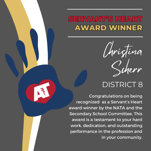 NATA_SSATC's tweet photo. Today we shine the spotlight on our District 8 Servant's Heart Award winner Christina Scherr MEd, ATC from California.  Congratulations! https://t.co/KRXbRJ5swa