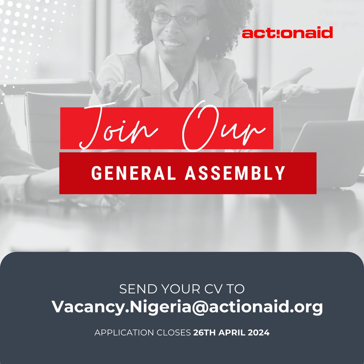 ActionAid Nigeria is seeking passionate individuals to join our General Assembly. Apply now to be a part of our mission to achieve social justice, gender equality and poverty eradication. Click Here - nigeria.actionaid.org/jobs/2024/recr…