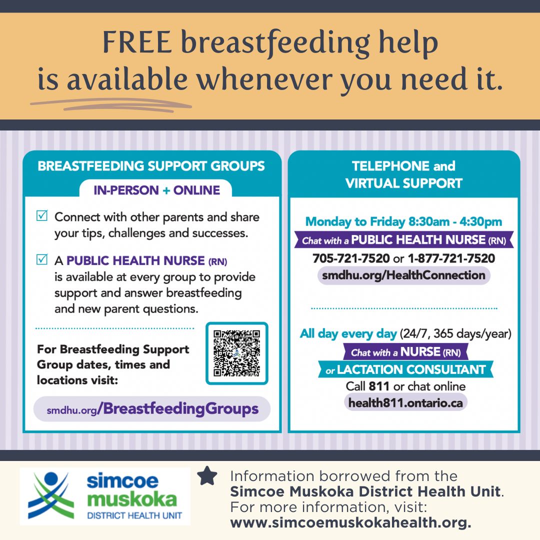 The Simcoe Muskoka District Health Unit Breastfeeding Support Groups welcome all parents residing in Simcoe County or the District of Muskoka. Weekly sessions, in-person or online, provide a supportive space for parents. Free & inclusive! 🌟 #BreastfeedingSupport #Breastfeeding
