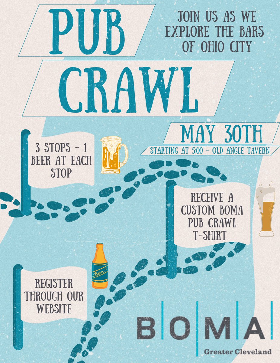 Tomorrow is the last chance to register for the Pub Crawl to receive a custom t-shirt!

We will still accept registrations until May 27th but all registrations after the 17th will not be able to receive a shirt.

Register Here: bomacleveland.org/events/pub-cra…