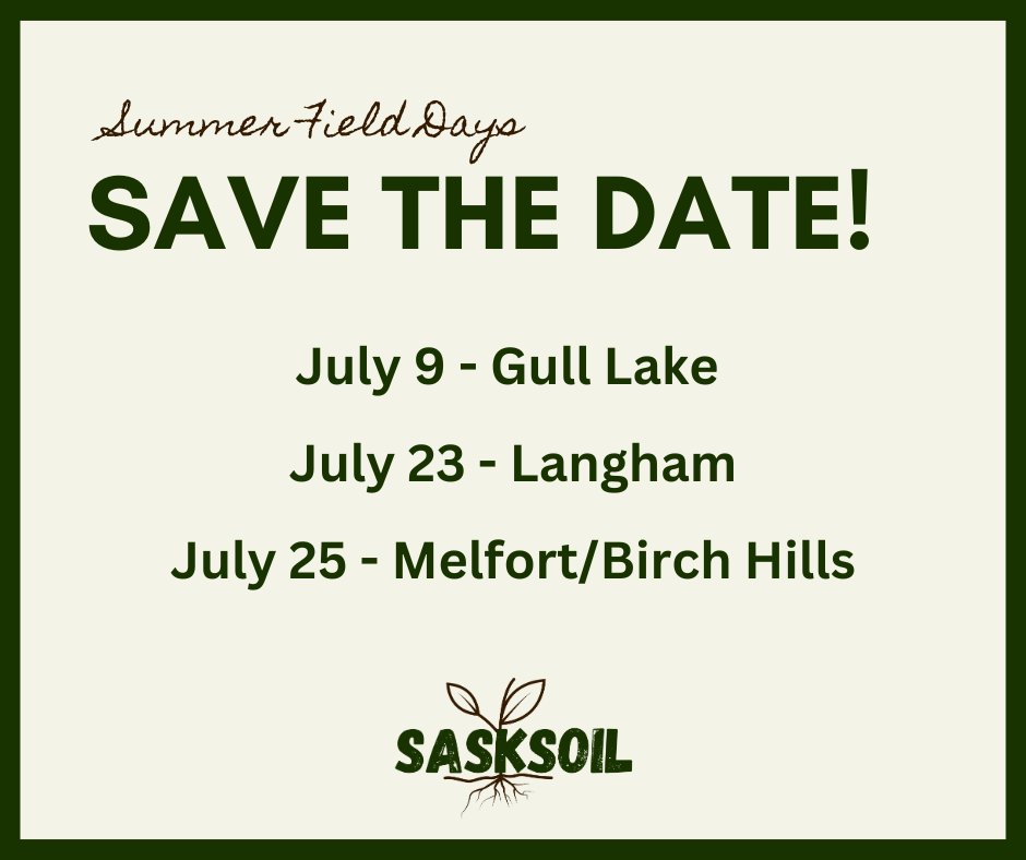 SaskSoil's tweet image. We're excited to host 3 field days in July. Attendees will learn about cover cropping, nitrogen management and soil health. For more details and to register visit sasksoil.ca/events. 

#FieldDays #Plant24 #SaskAg