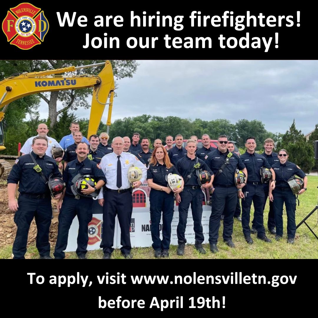 Nolensville is hiring FIREFIGHTERS!🚒 

Deadline to apply is April 19th. To learn more about our amazing incentives and to apply click here:
cms8.revize.com/revize/nolensv…

#nolensvillefire #wearehiring #joinourteam #firefighters #tennesseefirstresponders #servingourcommunity