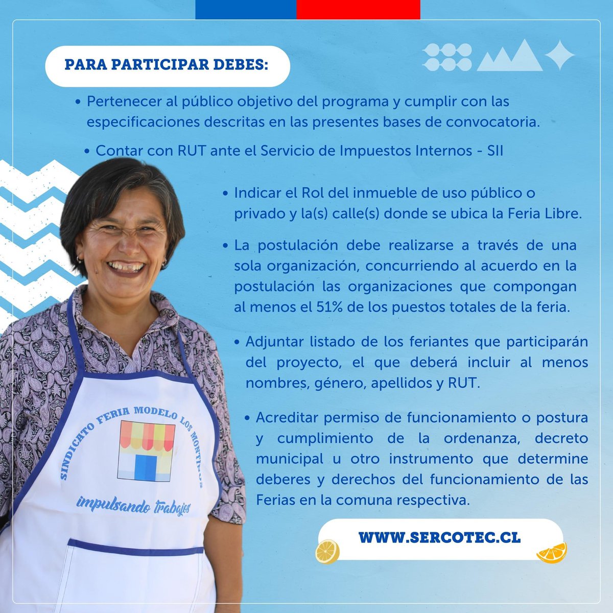 🍅Desliza las gráficas de este #SercotecTeresponde 🔍 y conoce los principales requisitos de #FeriasLibres2024 ¡Dale una nueva oportunidad a tu puesto!🙌

🥝Las bases y requisitos de esta convocatoria están disponibles en sercotec.cl