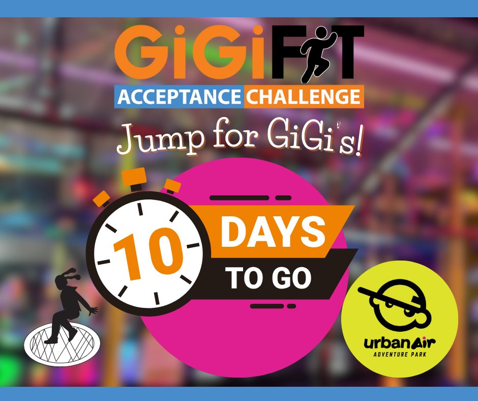 🎉 Only 10 days until GFAC at Urban Air Adventure Park Raleigh! Let's spread acceptance and raise crucial funds for our cause! 💪 Click the link in our bio to join us! Together, we can reach new heights of impact and inclusion! 🚀 #GiGisPlayhouse #GFAC2024 #JumpForGiGis 🌈💖