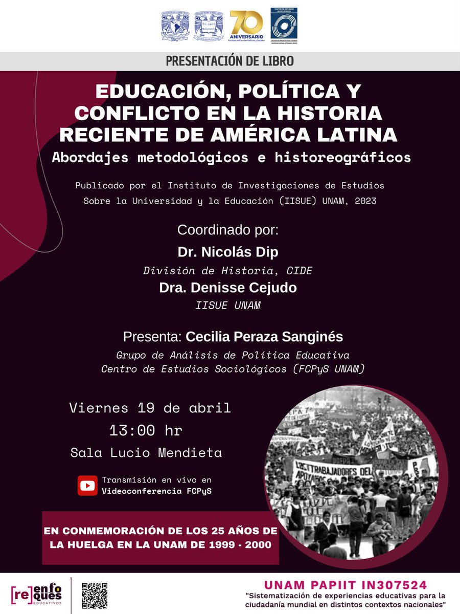 Nicolas_Dip's tweet photo. Este viernes 19 de abril a las 13 hs en la sala Lucio Mendieta de la @UNAM_FCPyS de la @UNAM_MX  vamos a discutir con estudiantes el libro "Educación, política y conflicto en la historia reciente de América Latina. Abordajes metodológicos e historiográficos" que acaba de publicar el @IISUE_UNAM en la colección "Historia de la educación".

La actividad se enmarca en los 25 años de la huelga del 99 en la UNAM, experiencia clave para entender que sin movimientos estudiantiles no hay gratuidad universitaria.

Si gustan leer el libro, lo pueden descargar de manera libre y gratuita en:

► En este link: https://t.co/auNPbKcqTv

► En este link: https://t.co/82cBvseqQL

► O en este link: https://t.co/DDZa06l8ls

Se agradece difusión