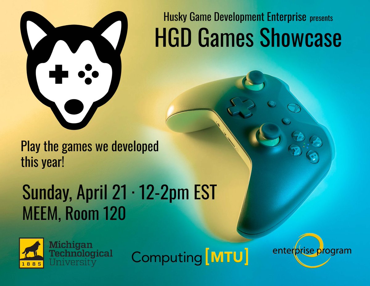 Husky Game Development Enterprise will present a showcase of this year's games on Sunday, April 21, 12-2 pm ET, in MEEM, Room 120. The new games will also be posted to huskygamedev.itch.io. blogs.mtu.edu/computing/2024… @michigantech @HuskyGameDevMTU #computing #michigantech