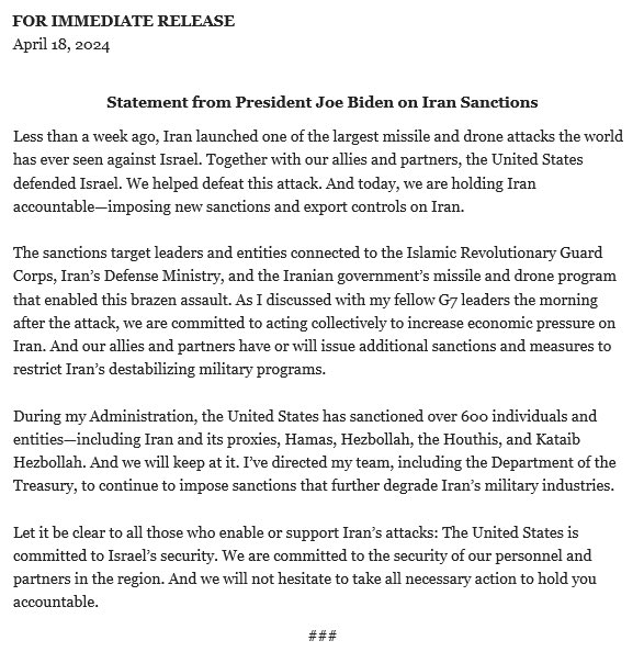 Today, @POTUS is imposing new sanctions and export controls on Iran. “Let it be clear to all those who enable or support Iran’s attacks: The United States is committed to Israel’s security…And we will not hesitate to take all necessary action to hold you accountable.”