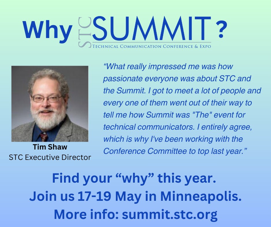 Thinking of going to the STC Summit, but trying to find your 'why?' Check out this 'why', and register for Summit to discover what those in the know go! Learn more: summit.stc.org #techcomm