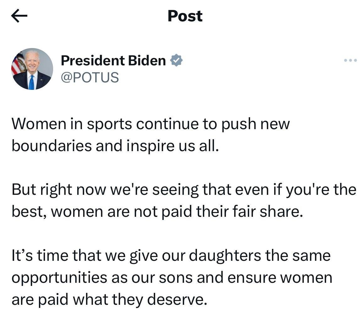 President Biden — who has proposed Title IX changes that would effectively destroy women’s sports — is very concerned about the earning potential of female athletes. He should sit this one out.