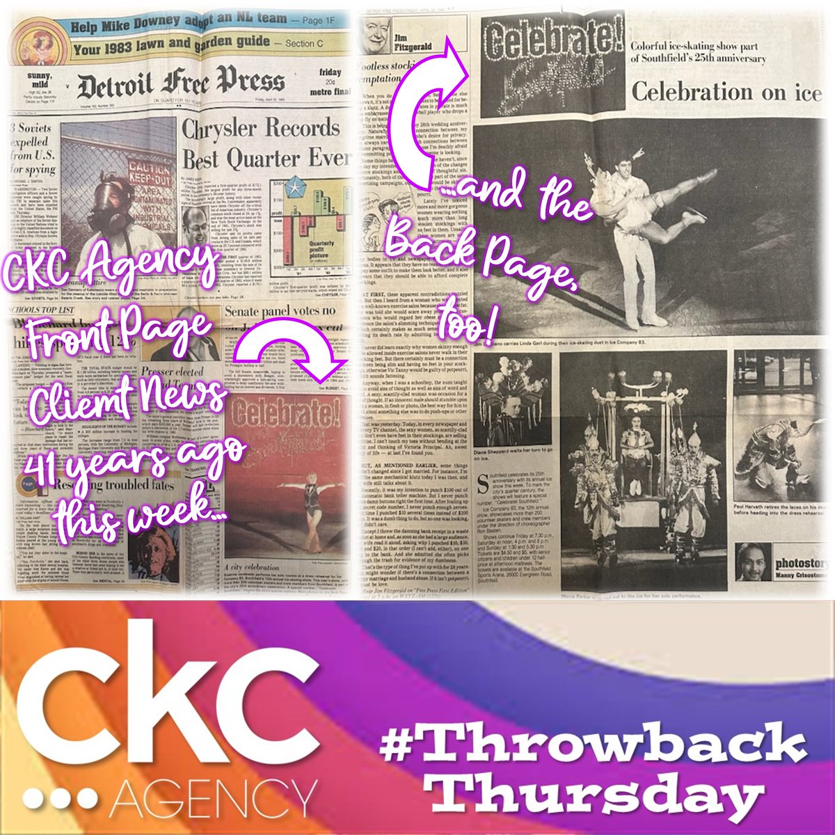 #tbt to 41 years ago this week! We found this front AND back page @Freep story in the #CKCAgency archives from April 22, 1983, featuring our Southfield Ice Show client! #PR #memories #decadesofpublicity