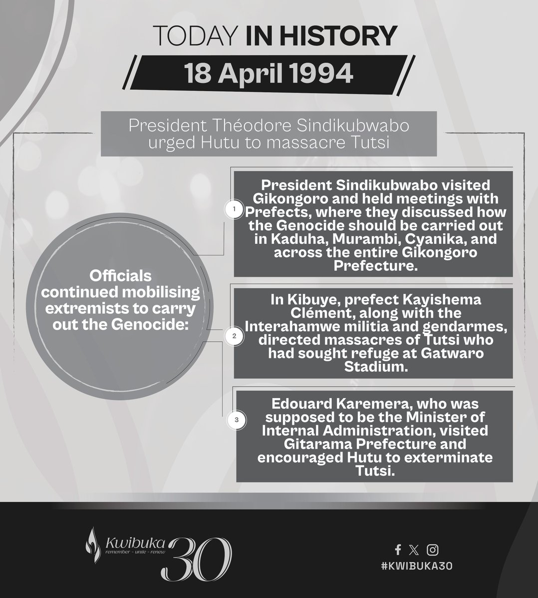 TODAY IN HISTORY On April 18, 1994, President Sindikubwabo visited Gikongoro Prefecture and held a meeting with local leaders to speed up the massacres of Tutsi. Learn more: youtube.com/watch?v=HkDvbi… Remember, unite, renew #Kwibuka30